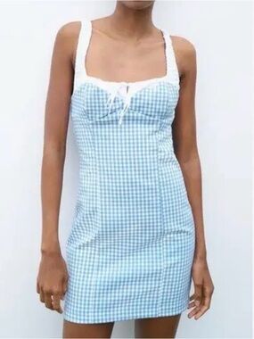 Zara Blue White Gingham Mini Dress Square Neck Bustier Tie Front S NWOT